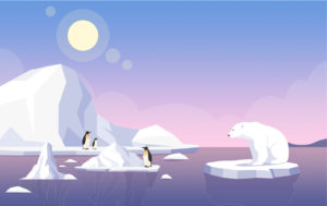 Global warming banner template. north pole, melting glaciers, penguins and polar bear on ice floe flat illustration with text space